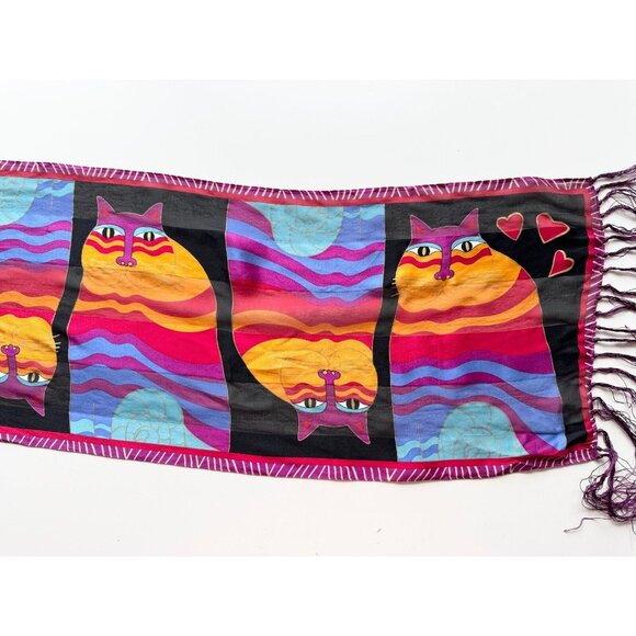 Vintage LAUREL BURCH Cat Silk Habotai Fringed 66" x 10" Rectangle Scarf - Picture 2 of 8